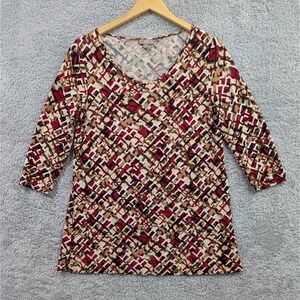 J Jill Pure‎ Jill 3/4 Sleeve V-neck Abstract Print Tunic Top Small Petite SP Red